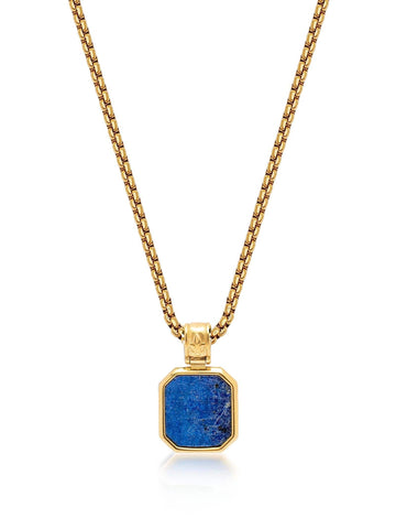 Nialaya Men's Necklace Gold Necklace with Square Blue Lapis Pendant